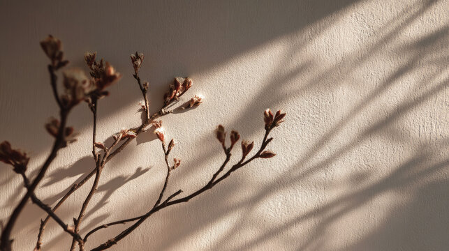 Sunlight casts dappled shadows on a wall behind delicate budding branches
