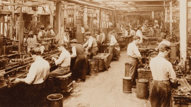 Factory workers engaged in various tasks inside a large workshop during the early 1900s