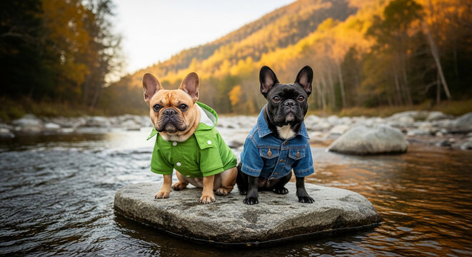 Two French bulldogs in jackets sit on a river rock, framed by autumn forest and mountain, representing pet adventure, outdoor lifestyle, and companionship