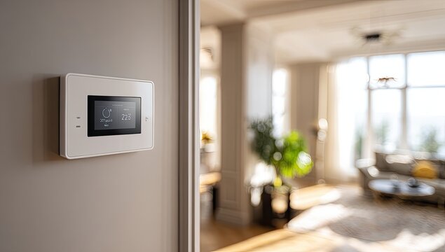 Smart Home Control Panel Mounted on Wall in Modern Living Room.