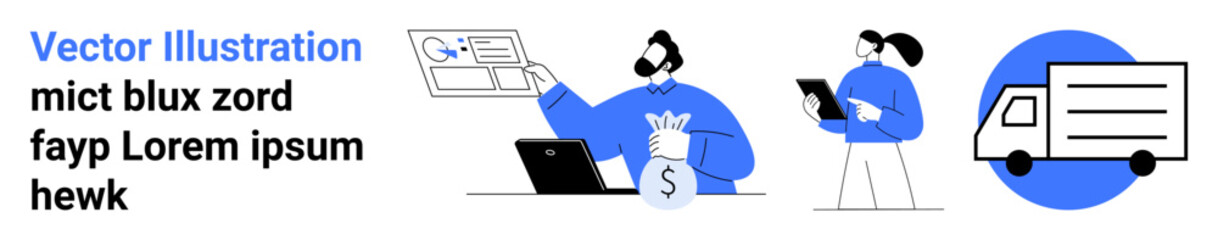 Digital transactions, e-commerce, courier services, logistics, money management, mobile technology. A person using a tablet, delivery van icon and money illustration. Digital transactions © robu_s