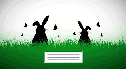 Two black rabbit silhouettes in green grass with butterflies. © fajar