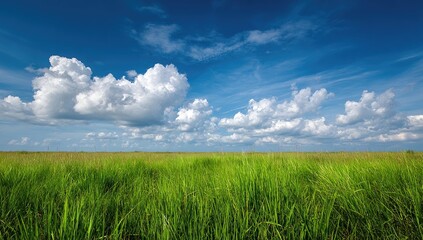 Obraz premium Vast Green Field Under a Blue Sky with White Clouds.
