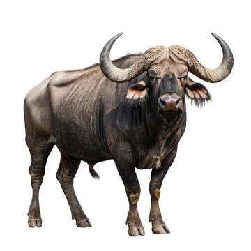 Large buffalo stands alone on a white background, showing horns and strong build during a studio session