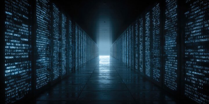 Abstract Digital Data Stream Tunnel with Glowing Light at the End.