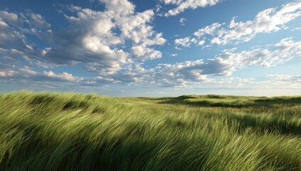 Obraz premium Vast Green Grass Field Under a Dramatic Cloudy Sky.