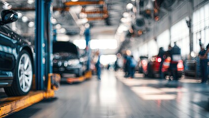 Obraz premium Modern Auto Repair Shop Interior with Cars on Lifts.