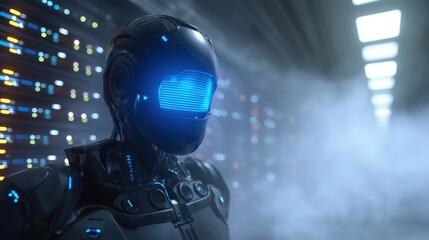 Fototapeta premium Futuristic robot with a glowing blue faceplate stands in a dimly lit, high-tech corridor filled with fog and LED lights.