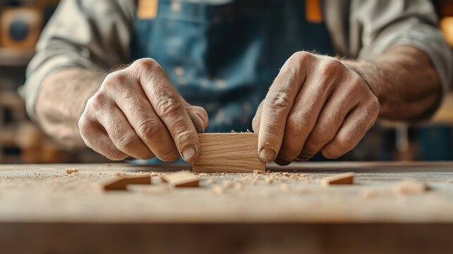 Close-up of cabinetmaker's hands assembling dovetail joint.