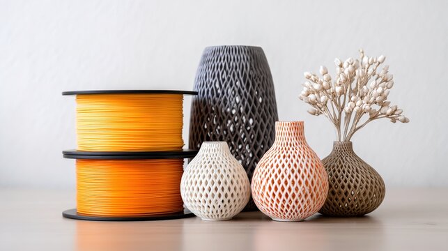 3D printed vases and filament spools on a table