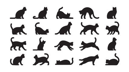 Set of 25 black cat silhouette in various poses sitting © Mahfujur Riyad