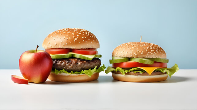 An apple lies opposite to a burger in this thoughtful depiction aimed at contrasting healthy choices with the temptation of fast-food consumption.