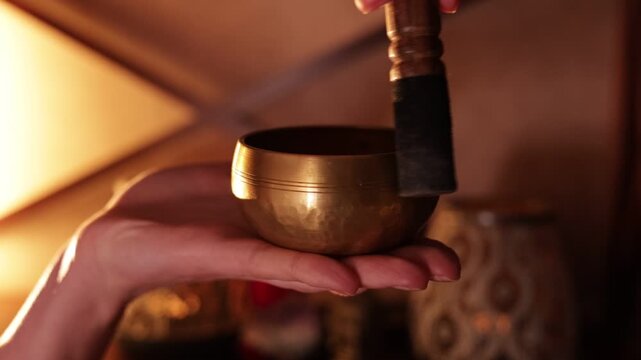 Close Up of Tibetan Singing Bowl Being Played in Warm Light &ndash; Sound Healing, Meditation and Relaxation Concept