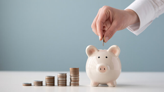 A hand putting a coin into a piggy bank with stacks of coins on a table