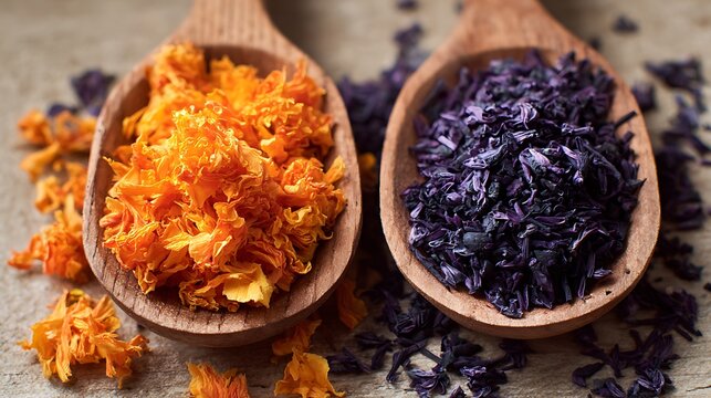 Vibrant orange and deep purple flower petals in wooden spoons on rustic surface for herbal tea or potpourri