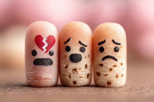 Three finger puppets with expressive faces, featuring a broken heart, sad, and worried expressions, placed on a wooden surface with a blurred background