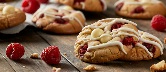 White chocolate drizzle cookies with raspberries on wooden table