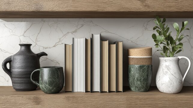 Stylish Shelf Display: Books, Ceramics, and Greenery