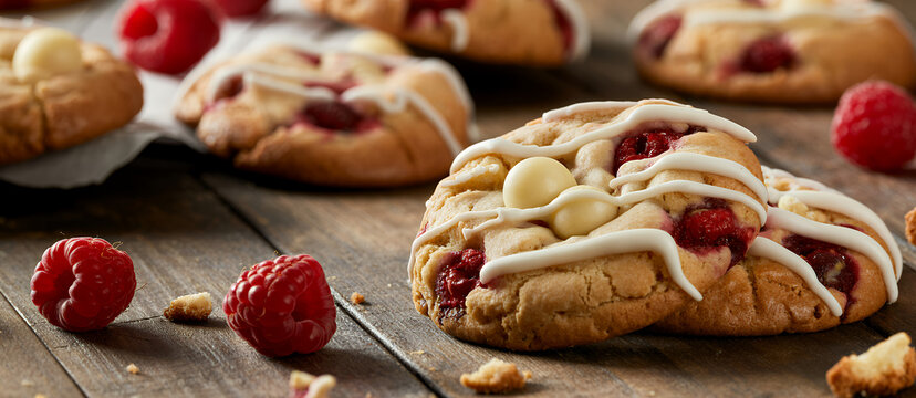 White chocolate drizzle cookies with raspberries on wooden table
