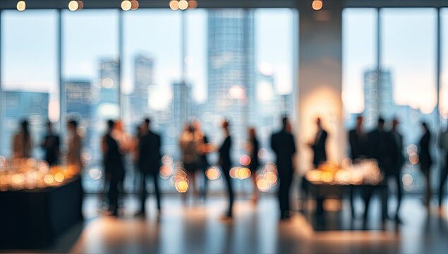 Blurred image of people mingling at a corporate event with city skyline view.