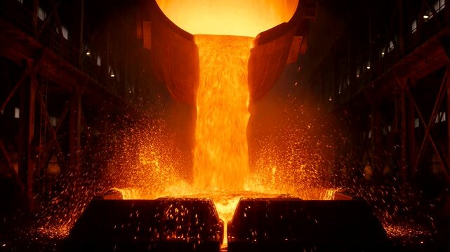 Molten metal pours from a large vessel in a dramatic industrial foundry scene with vivid orange glow.