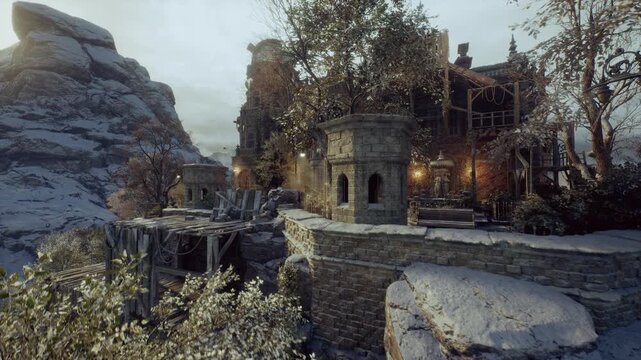 Fortress balcony overlooking snowy valley with tower lights and dusk sky, historian imagined mapping parapet masonry, distant village silhouette, lamp glow