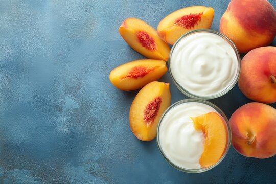 Yogurt with peach slices on a blue background during daylight in a kitchen setting