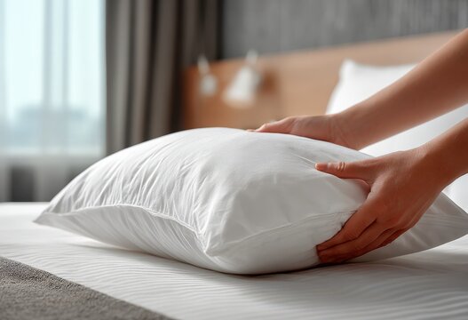 Close up of hands placing a white pillowcase on a bed with a soft gray blanket and natural light streaming through a window in a modern bedroom setting