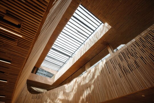 Wooden architecture with skylights shows patterns of light during the day in a modern building design