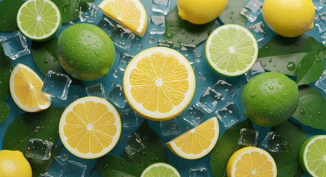 A vibrant still life featuring assorted citrus fruits and glistening ice cubes high quality professional detailed