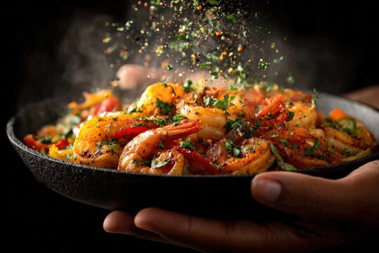 Close-up of a hand holding a black skillet filled with sauteed shrimp, garnished with herbs and spices, with steam rising against a dark background