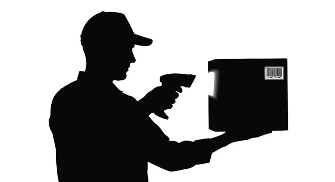 Delivery worker silhouette scanning a package barcode with a handheld scanner in a vector illustration design.