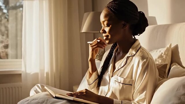 Young Black woman journaling in bed. Soft morning light. Personal reflection and daily planning routine for self-care