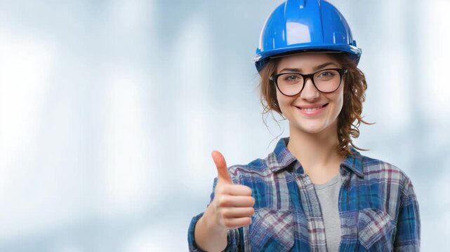 Empowered Confidence: A determined woman in a blue construction helmet gives a thumbs up, symbolizing approval, optimism, and an affirmative gesture for success. 