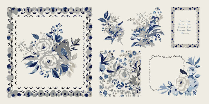 Blue and white floral patterns and decorative frames arranged on beige