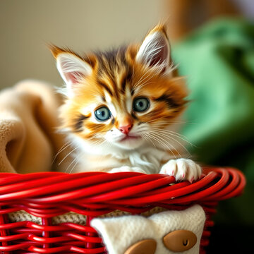 Adorable fluffy kitten gazing from a red basket with a curious expression in a cozy setting