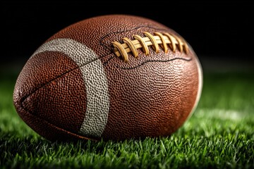 Obraz premium Close-up of a brown leather American football resting on green grass with white stripes, showcasing detailed texture and stitching against a dark background