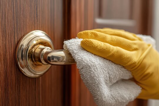 Hand wearing yellow rubber glove wipes a shiny brass doorknob with a white cloth, showcasing a wooden door surface in the background