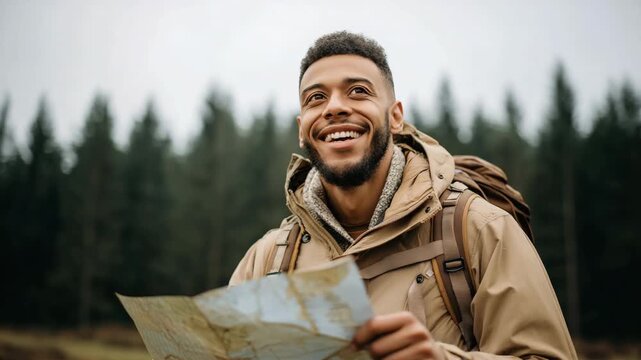 A smiling male hiker carrying a backpack while holding a map on a forest trail, exploring nature
