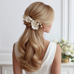 Naklejka premium Bride from back with half-up wavy blonde hair with white flowers