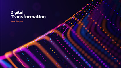 Naklejka na ściany i meble Technology Background With Vibrant Particle Lines And Abstract Digital Motion On Deep Purple. Digital Transformations And Smart Systems. Vector Illustration.