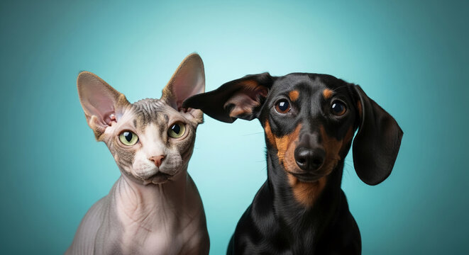 Close-up of a hairless cat and a black dachshund dog, side-by-side, on a turquoise background, a pet portrait showcase with free space for text