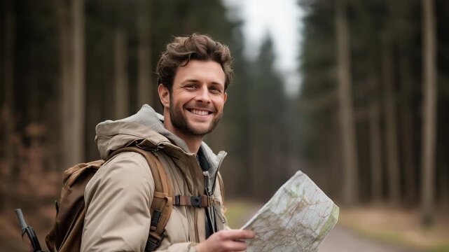 A smiling male hiker carrying a backpack while holding a map on a forest trail, exploring nature
