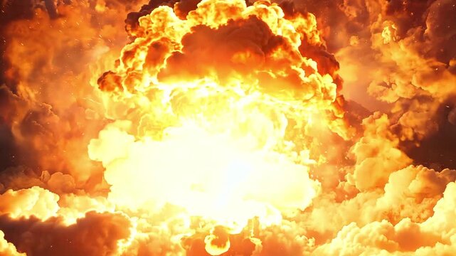 An explosion takes place in the sky, creating a large cloud of smoke and fire with bright colors illuminated by the blast