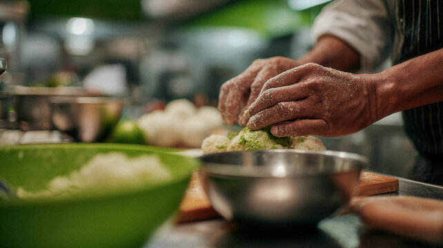 Chef kneading dough with herbs and flour on a countertop for baking banner and recipe background design