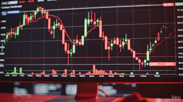 Financial stock market bear trend showing red Japanese candlestick chart analysis with falling dollar currency exchange rates in a professional digital trading data visualization interface.