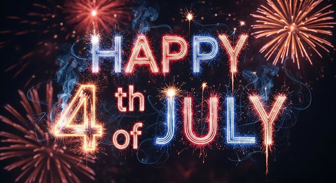 Vibrant fireworks display celebrating independence day with happy 4th of july text