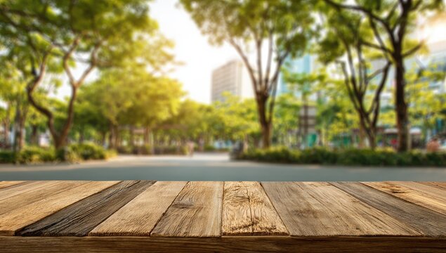 Empty Wooden Table in a Lush Green City Park with Blurred Background.