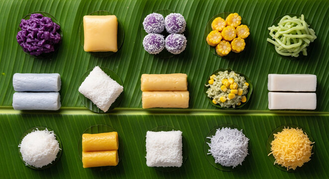 Assorted Filipino kakanin and native delicacies arranged on banana leaves in a flat lay