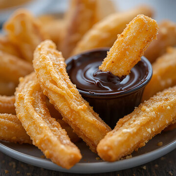 Golden Churros with Chocolate Dip: A tantalizing close-up captures a delightful serving of golden churros, artfully arranged with a luscious bowl of dark chocolate for dipping.